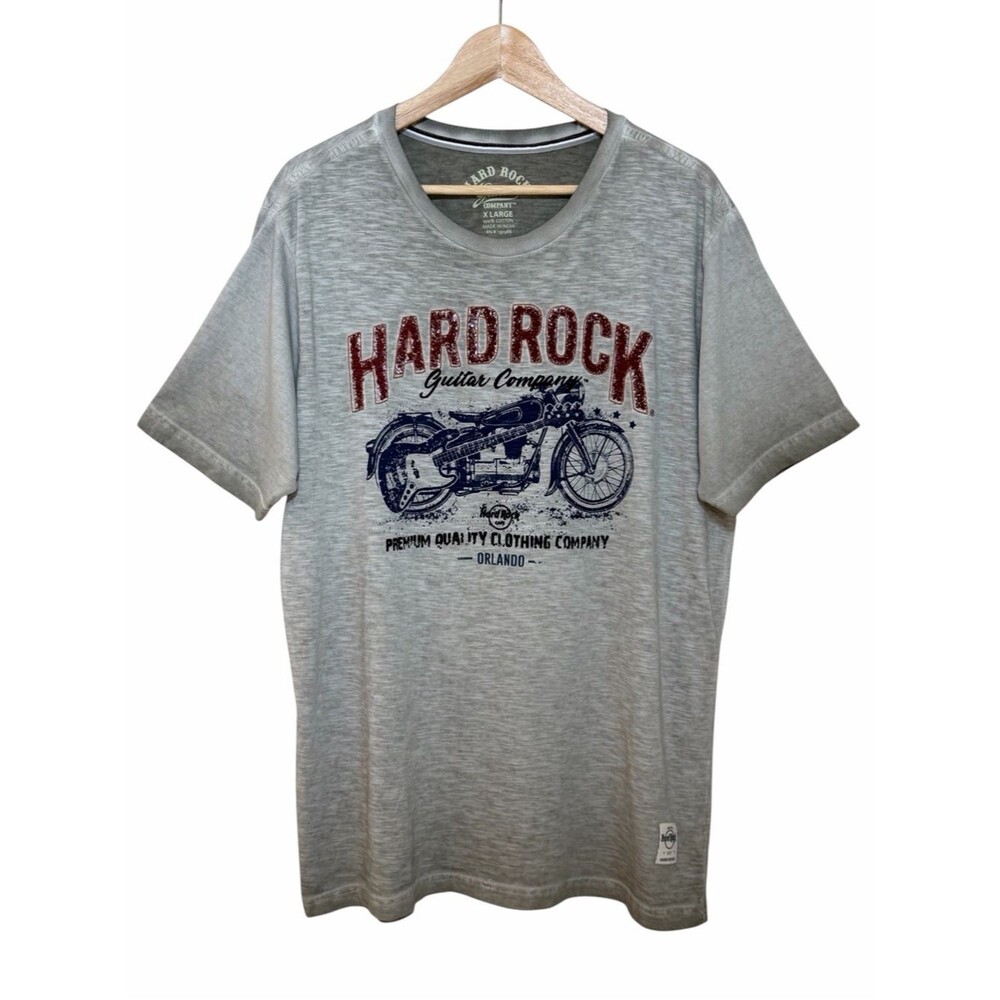 Hard Rock Orlando Motorcycle Guitar Graphic Tee T Shirt Gray Short Slv Men Sz XL
